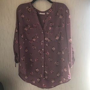 New York & Company Wine Floral Button Down Blouse